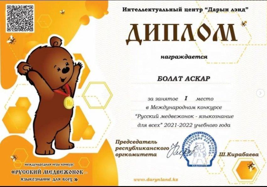 " Русский медвеженок - языкознание для всех" байқауының жеңімпаздары. Пән мұғалімі Акпаева И.М.